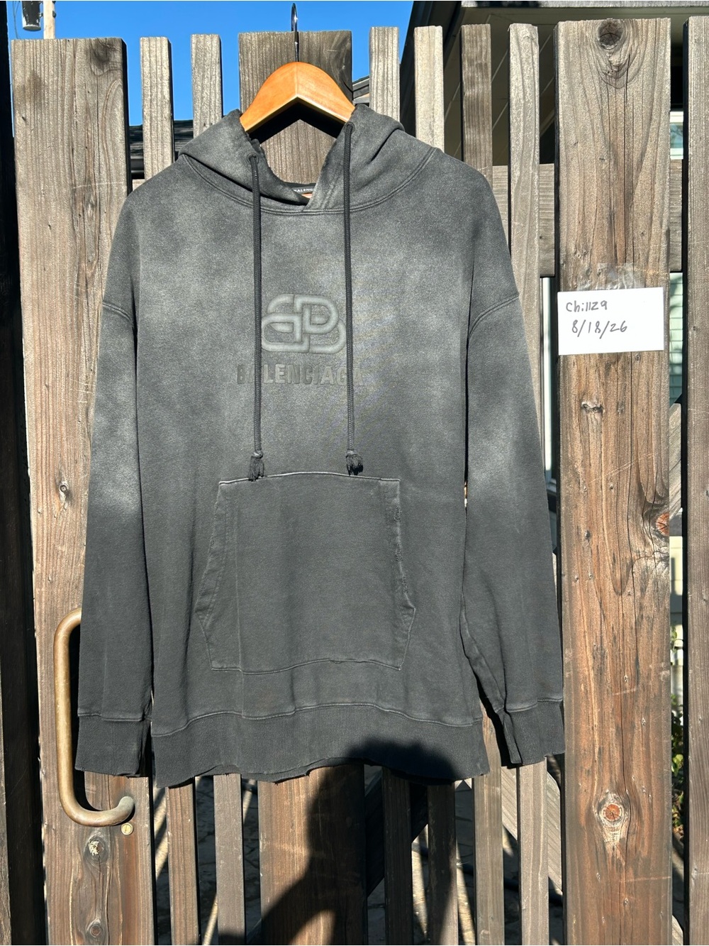 Balenciaga Washed Charcoal Gray Pullover Hoodie with Embossed Logo